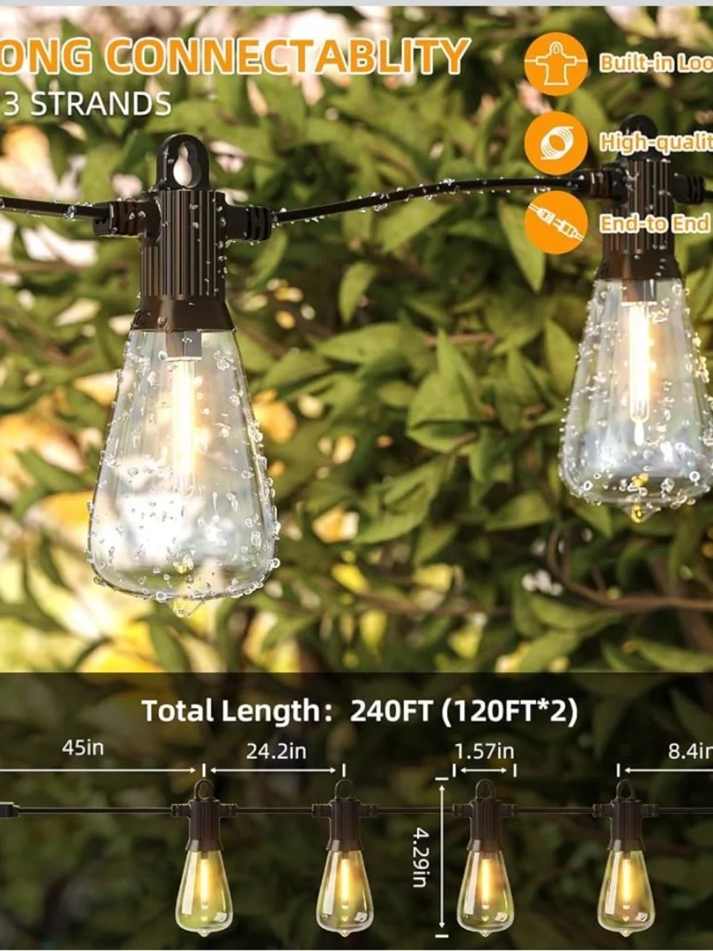 Outdoor String Lights, 240 feet, Patio Lights, Shatter-proof Plastic Bulbs